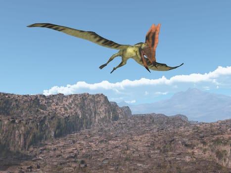 Computer generated 3D illustration with the pterosaur Thalassodromeus flying over a rocky landscape