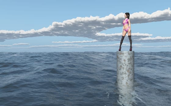 Computer generated 3D illustration with an attractive woman on a column in the open sea