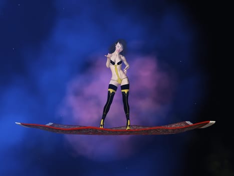 Computer generated 3D illustration with an attractive woman in futuristic clothes on a flying carpet in space