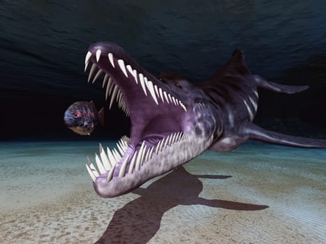 Computer generated 3D illustration with the prehistoric marine reptile Liopleurodon on the hunt