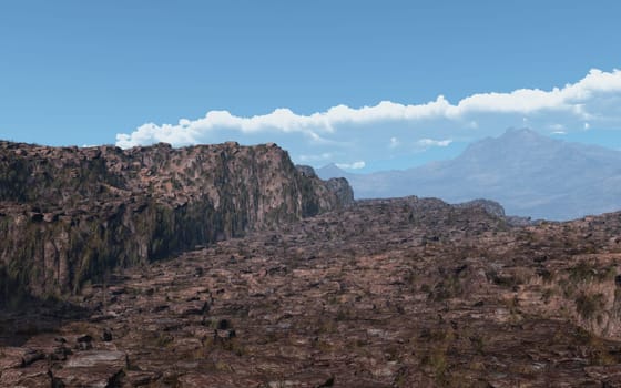 Computer generated 3D illustration with a rocky mountain landscape