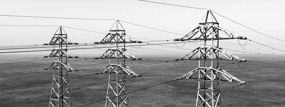 Computer generated 3D illustration with an overhead power line in black and white