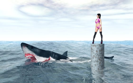 Computer generated 3D illustration with an attractive woman on a column in the open sea with a great white shark