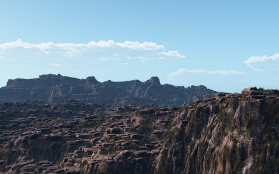 Computer generated 3D illustration with a rocky mountain landscape