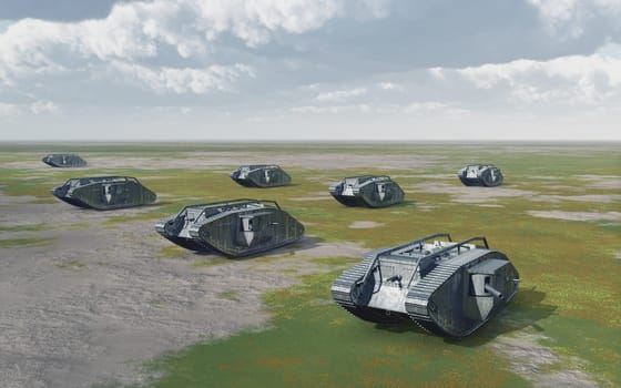 Computer generated 3D illustration with British heavy tanks of World War I