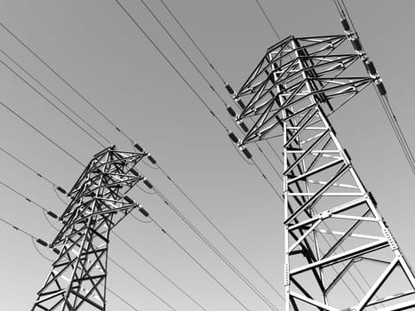 Computer generated 3D illustration with an overhead power line in black and white