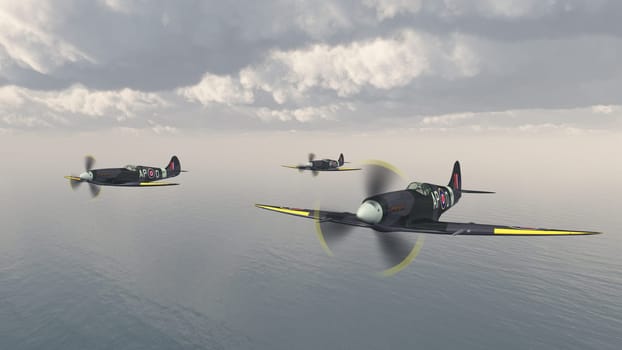 Computer generated 3D illustration with three British fighter aircrafts of World War II over the sea