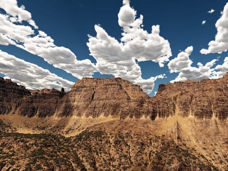 Computer generated 3D illustration with a rocky mountain landscape