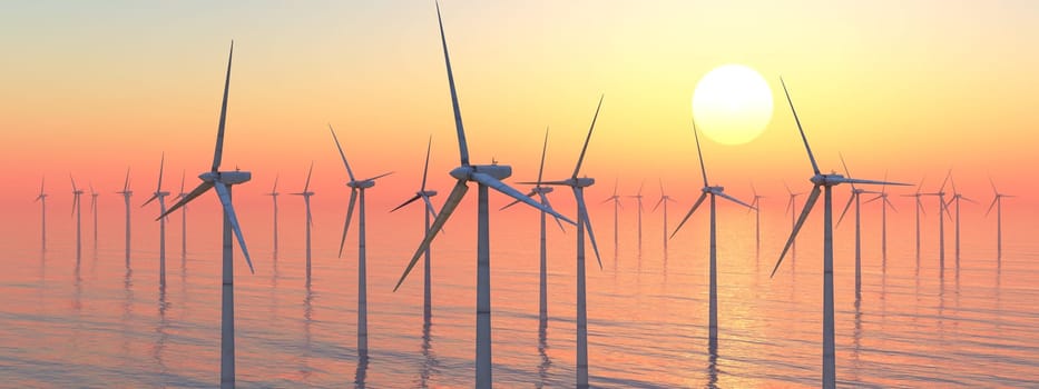 Computer generated 3D illustration with offshore wind turbines at sunset