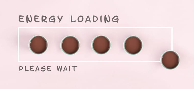 Cup of coffee progress bar, energy loading, wake up in the morning, hot drink for breakfast,taking a break from work, more power for producticity with caffeine