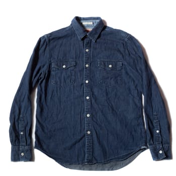 Blue denim long sleeve men's shirt on white background