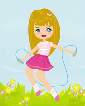 cute happy little girl with a jump rope