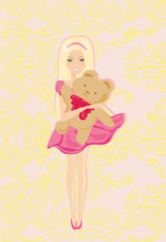 Cute little girl is hugging Teddy bear card