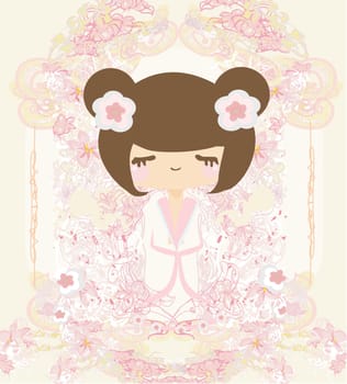 Kokeshi doll on the pink background with floral ornament