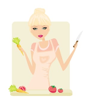 Beautiful lady cooking vegetables in kitchen