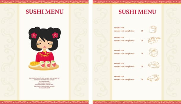 template of traditional Japanese food menu with little Asian girl enjoy sushi set