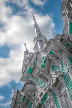 Wooden historical building in Tomsk on the sky background editorial