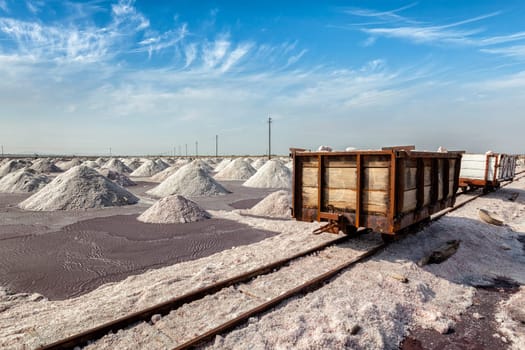 Rail road with railcart cart at salt mine at Sambhar Lake, Sambhar, Rajasthan, India