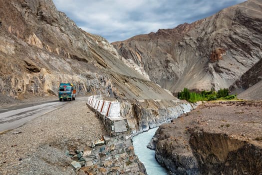 Indian lorry truck on NH-1 (Srinagar Leh national highway) in Himalayas. Ladakh, India