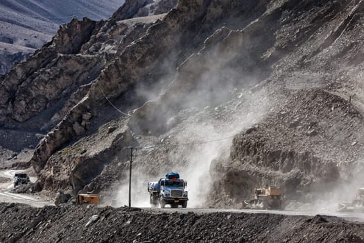 Indian lorry on national highway Srinagar-Leh NH-1 in Himalayas. Ladakh, India