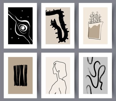 Collection of minimalistic modern art wall posters and banners for interior design. Set of hand drawn printable artwork. Abstractionism. Vector illustration.
