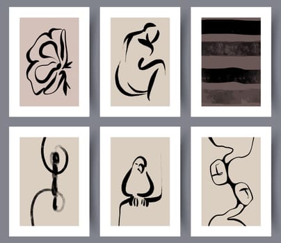 Set of simple hand drawn scandinavian printable art wall posters. Collection of abstract artworks fro print in Nordic style. Abstractionism. Vector illustration.