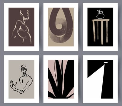 Set of abstract dark art wall decorations for interior design. Collection of modern printable artworks poster or banner. Vector illustration.
