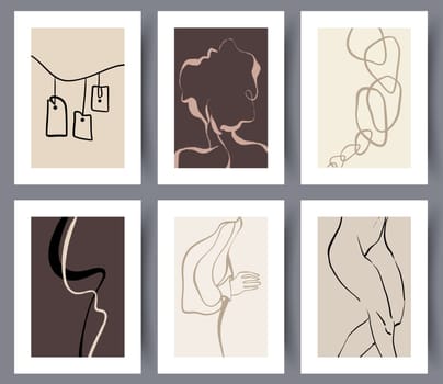 Set of hand drawn minimalistic art wall banners for print for interior design. Collection of abstract modern printable artwork for decoration. Vector illustration.