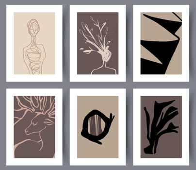 Collection of abstract minimalistic art wall designs for print. Set of modern creative neutral printable artworks for interior decorations. Abstractionism. Vector illustration.