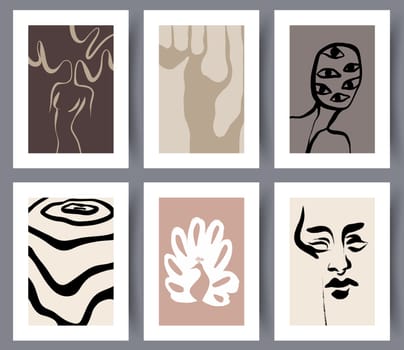 Set of abstract modern art wall posters or banners for print for interior design. Collection of simple hand drawn printable artworks for decoration. Vector illustration.
