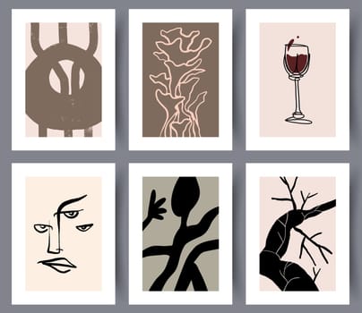 Set of abstract printable art wall designs. Collection of minimalistic modern abstractionism artworks for print. Vector illustration.