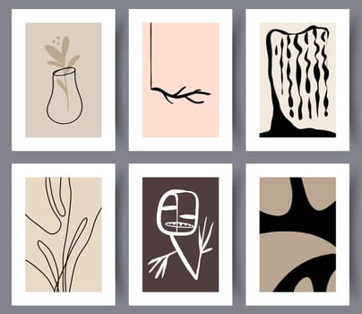 Collection on modern abstract art wall posters for print. Set of simple hand drawn printable artworks for interior design. Vector illustration.