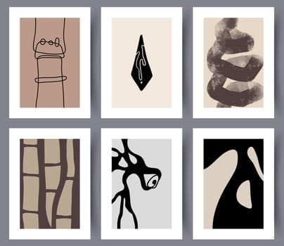 Set of simple modern abstract printable decorations and posters. Collection of hand drawn Nordic neutral style art wall banners for interior design. Vector illustration.