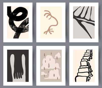 Set of abstract modern creative printable artworks designs. Collection of minimalistic abstractionism art wall decorations for print. Vector illustration.