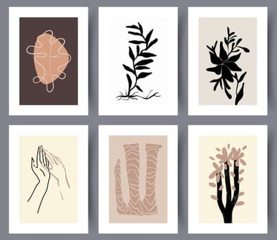Set of artistic floral art wall posters for interior design. Collection of abstract scandinavian printable artworks. Vector illustration.