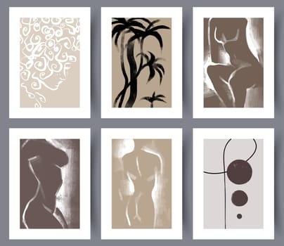 Set of neutral women silhouettes posters for print. Collection of modern art wall designs for interior decoration. Vector illustration.