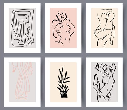 Set of hand drawn minimalistic art wall decorations for print. Collection of modern simple sexual artworks for interior design. Vector illustration.