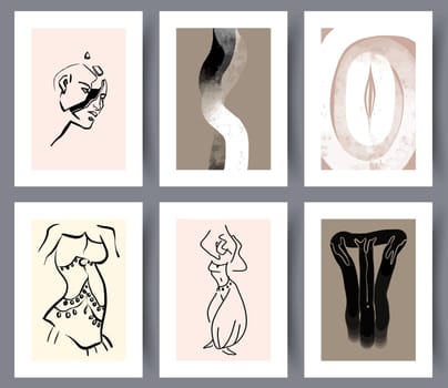 Set of modern simple neutral artworks for print in Scandinavian design. Collection of abstract printable art wall decorations. Vector illustration.