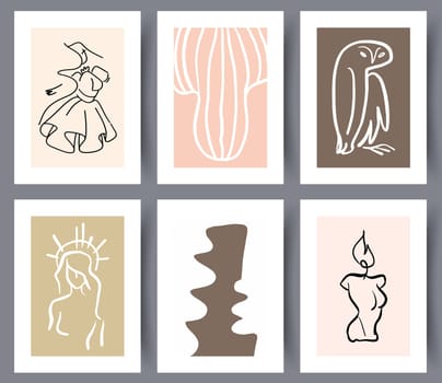 Set of modern art wall posters or banners for interior design. Bundle of printable abstract artworks in Scandinavian style. Vector illustration.