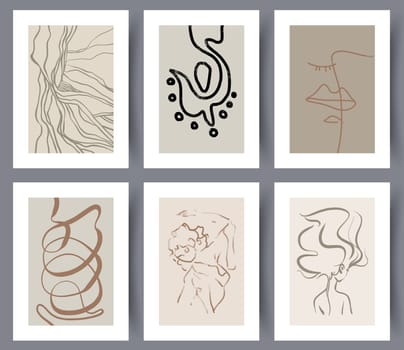 Set of abstract simple art wall posters with lines and women silhouettes for interior design. Collection of printable modern artworks. Vector illustration.