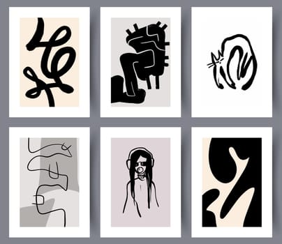 Set of modern printable abstract art wall posters or banners. Collection of minimalistic abstractionism artworks for print. Vector illustration.