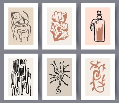 Collection of printable minimalistic wall art designs for interior. Set of Scandinavian neutral abstract posters or placards. Vector illustration.