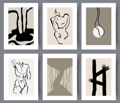 Printable hand drawn simple art wall posters collection. Set of modern abstract artworks in neutral Scandinavian style for interior design. Vector illustration.