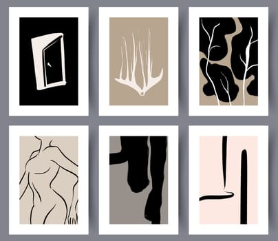 Set of simple abstract printable art wall decorations for interior design. Collection of modern abstractionism posters for print. Vector illustration.