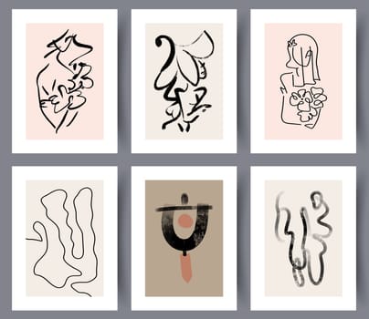 Set of hand drawn minimalistic Japanese drawing posters. Collection of printable abstract wall art designs for home interior. Vector illustration.
