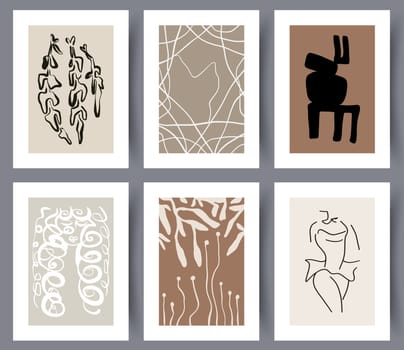 Set of abstract hand drawn art wall posters for interior design. Collection of modern simple Nordic style artworks for print. Vector illustration.