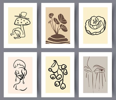 Set of eccentric modern artworks for print for interior design. Collection of printable abstract art wall decorations. Simple creative artwork bundle. Vector illustration.