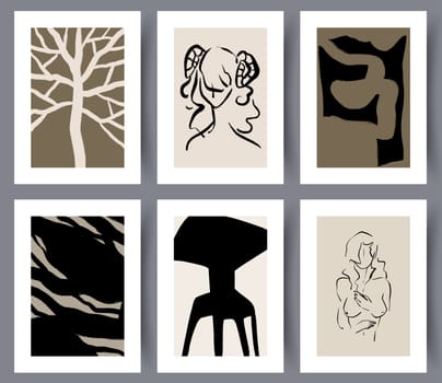 Collection of printable modern Nordic artworks for interior design. Set of abstract art wall posters or banners for indoors decoration. Vector illustration.