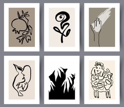 Printable art wall hand drawn decorations in scandinavian style. Set of simple modern abstract artworks in Nordic style. Vector illustration.