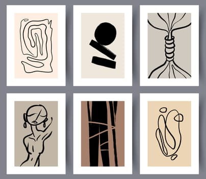 Printable minimalistic art wall posters or banners in Scandinavian style. Set of abstract modern creative artworks. Nordic interior design print decorations. Vector illustration.